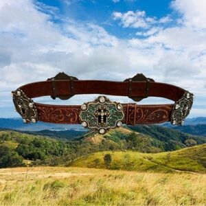 Tony Lama Women’s Brown Tooled Leather Western Belt with Ornate Cross Buckle